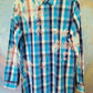 Navy and turquoise checked shirt with bleaching.  Unisex. Size M. Slim Fit.