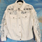 White denim jacket with white sequins and flower mesh.  Size M/L.